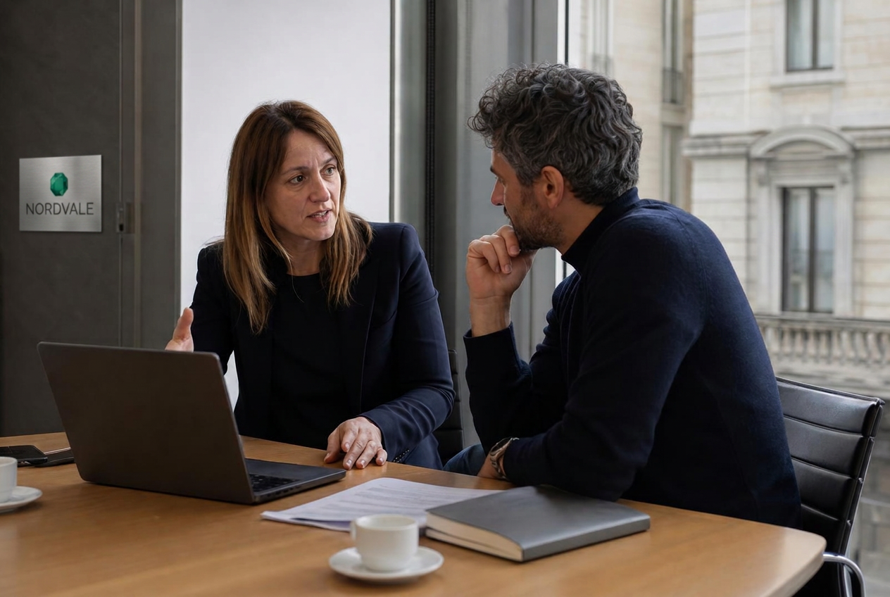 A Nordvale banker meeting a customer in the bank's advisory office