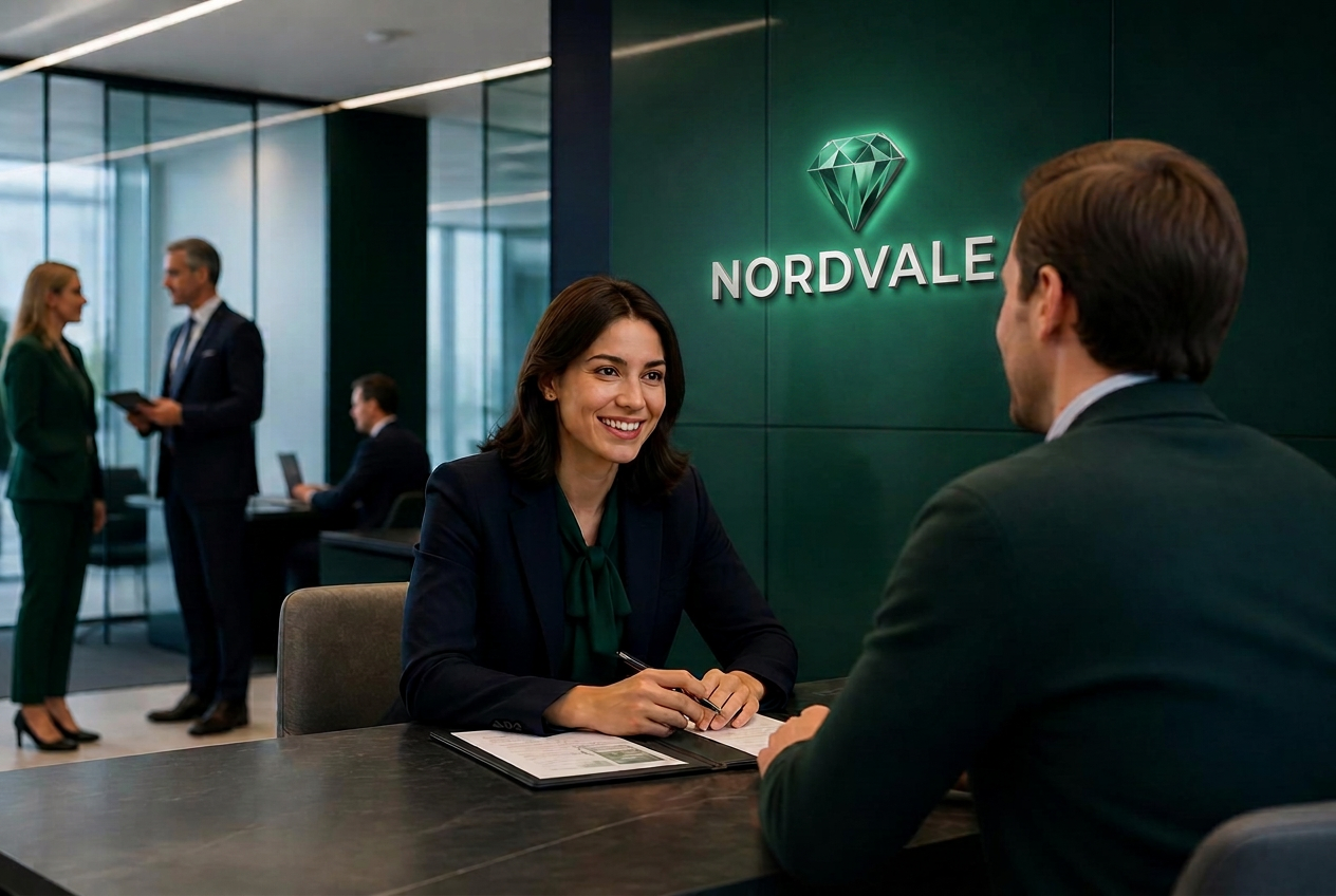 A Nordvale banker meeting a customer in the bank's advisory office